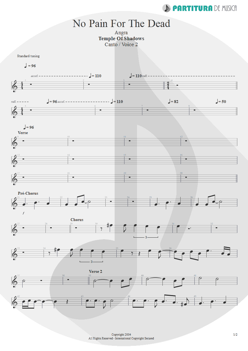 Partitura de musica de Canto - No Pain For The Dead | Angra | Temple of Shadows 2004 - pag 1