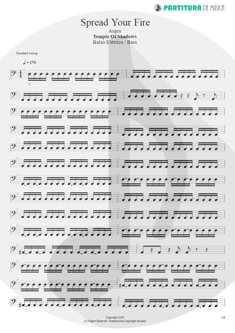 Partitura de musica de Baixo Elétrico - Spread Your Fire | Angra | Temple of Shadows 2004 - pag 1