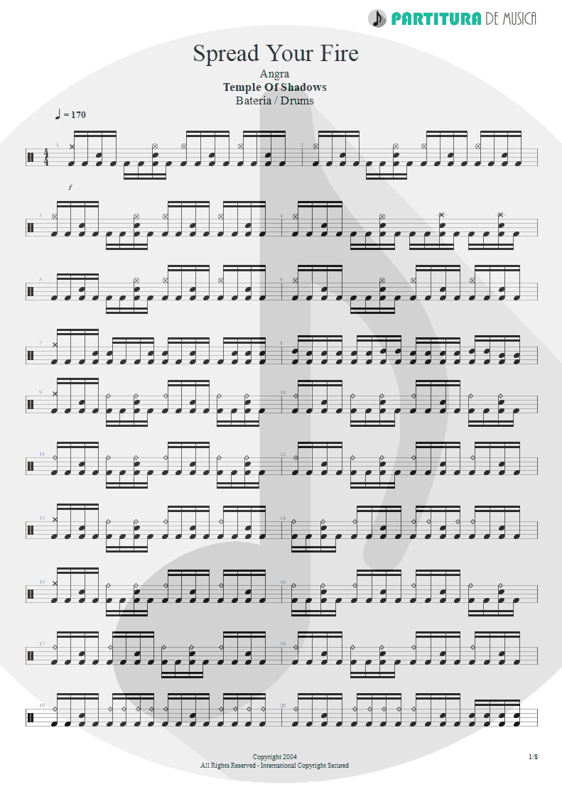 Partitura de musica de Bateria - Spread Your Fire | Angra | Temple of Shadows 2004 - pag 1