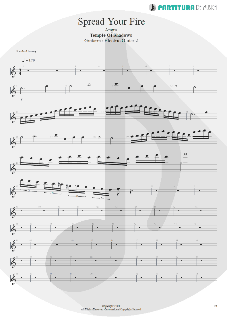 Partitura de musica de Guitarra Elétrica - Spread Your Fire | Angra | Temple of Shadows 2004 - pag 1