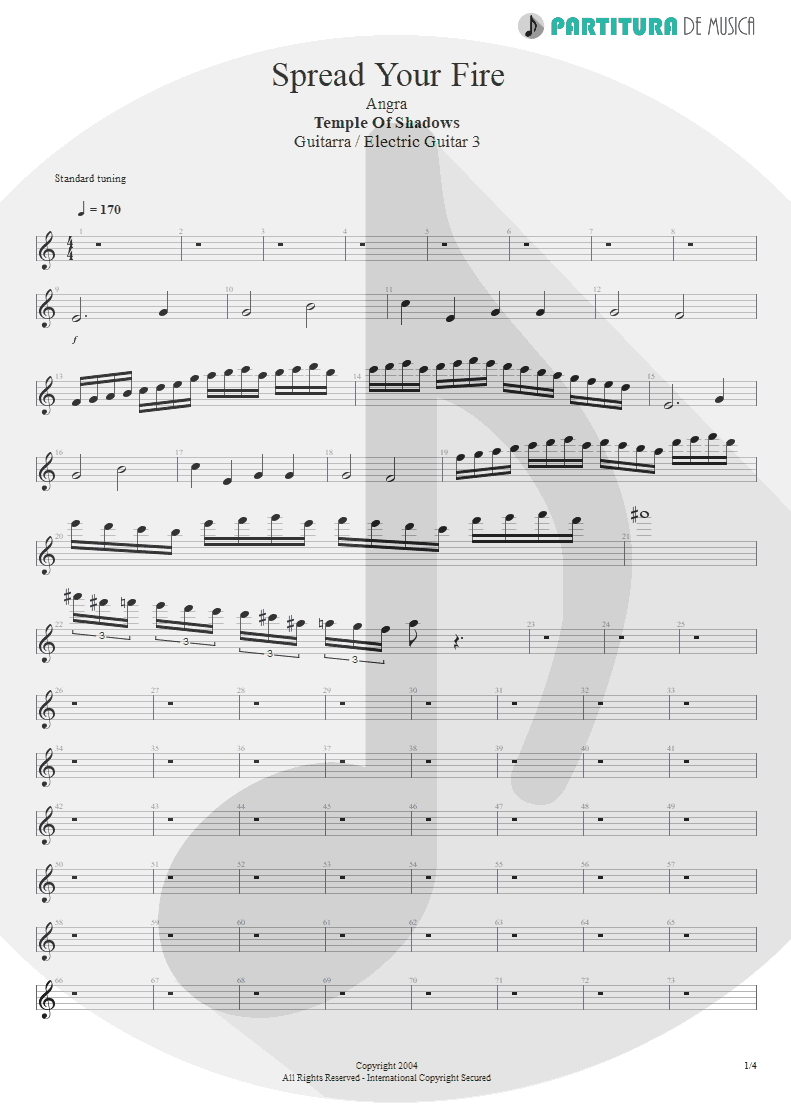 Partitura de musica de Guitarra Elétrica - Spread Your Fire | Angra | Temple of Shadows 2004 - pag 1