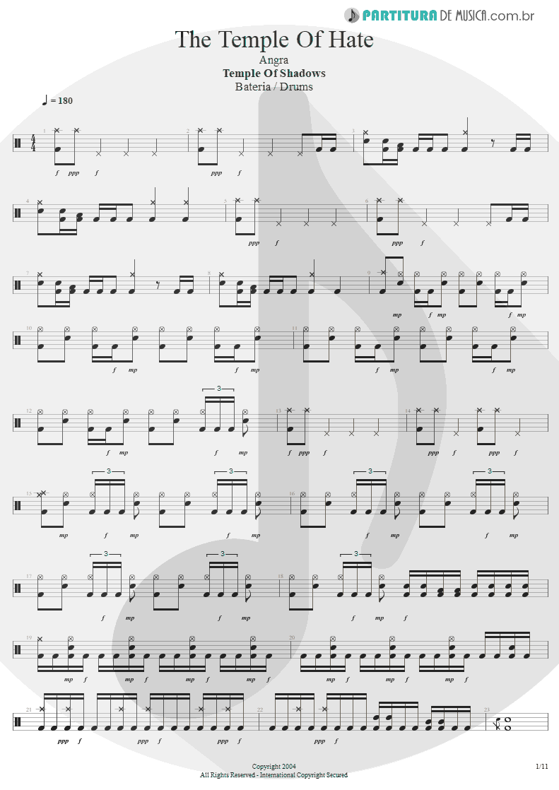 Partitura de musica de Bateria - The Temple Of Hate | Angra | Temple of Shadows 2004 - pag 1