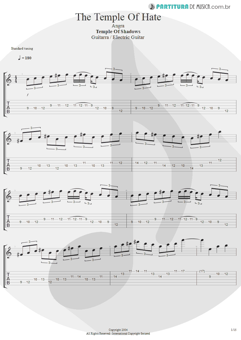 Tablatura + Partitura de musica de Guitarra Elétrica - The Temple Of Hate | Angra | Temple of Shadows 2004 - pag 1
