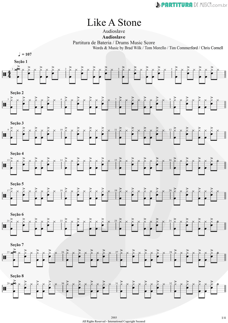 Partitura de musica de Bateria - Like A Stone | Audioslave | Audioslave 2003 - pag 1