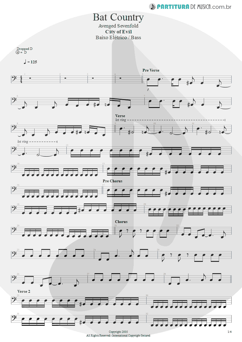 Partitura de musica de Baixo Elétrico - Bat Country | Avenged Sevenfold | City of Evil 2005 - pag 1