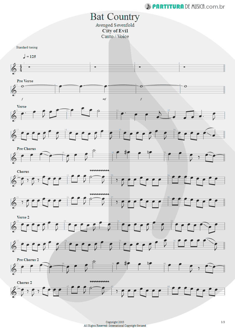 Partitura de musica de Canto - Bat Country | Avenged Sevenfold | City of Evil 2005 - pag 1