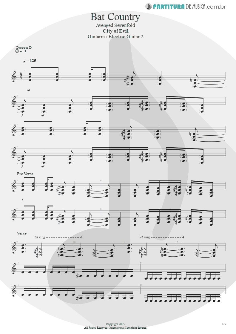 Partitura de musica de Guitarra Elétrica - Bat Country | Avenged Sevenfold | City of Evil 2005 - pag 1