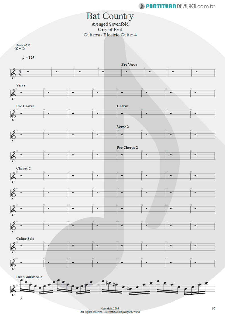 Partitura de musica de Guitarra Elétrica - Bat Country | Avenged Sevenfold | City of Evil 2005 - pag 1