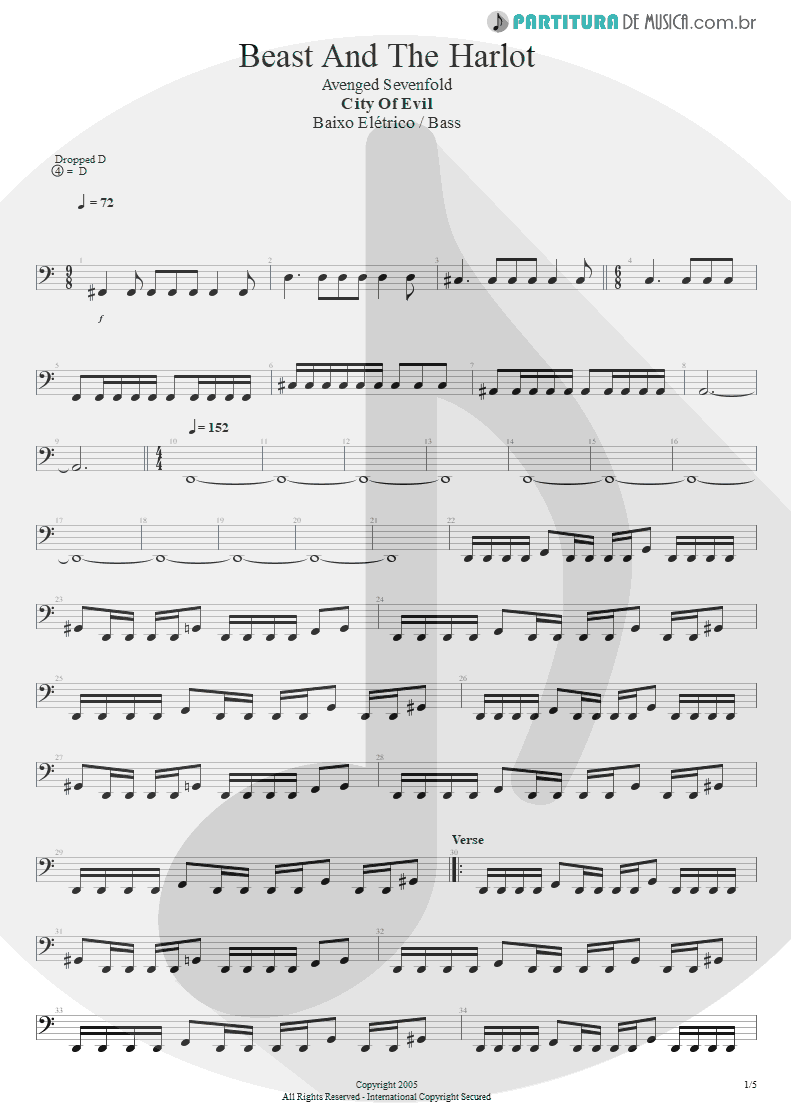 Partitura de musica de Baixo Elétrico - Beast And The Harlot | Avenged Sevenfold | City of Evil 2005 - pag 1