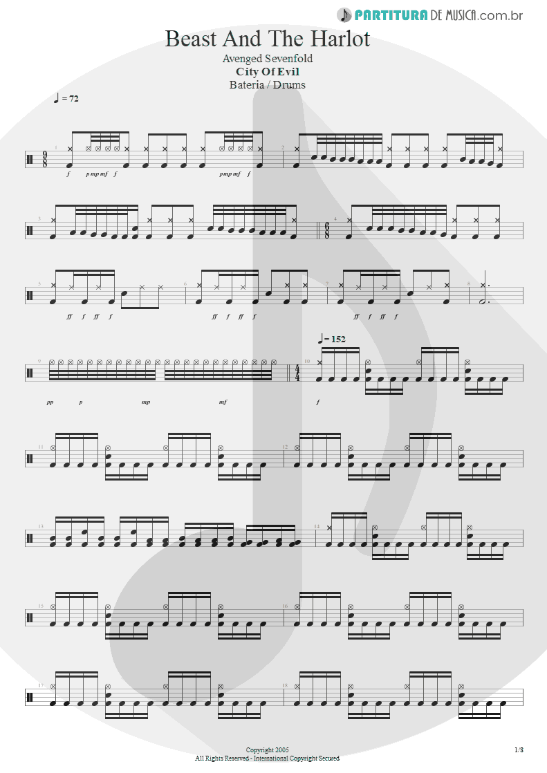 Partitura de musica de Bateria - Beast And The Harlot | Avenged Sevenfold | City of Evil 2005 - pag 1