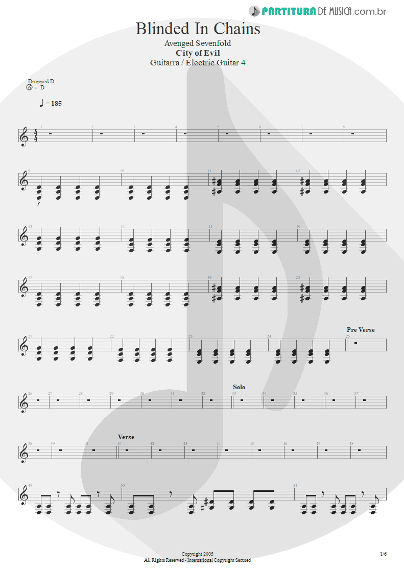 Partitura de musica de Guitarra Elétrica - Blinded In Chains | Avenged Sevenfold | City of Evil 2005 - pag 1