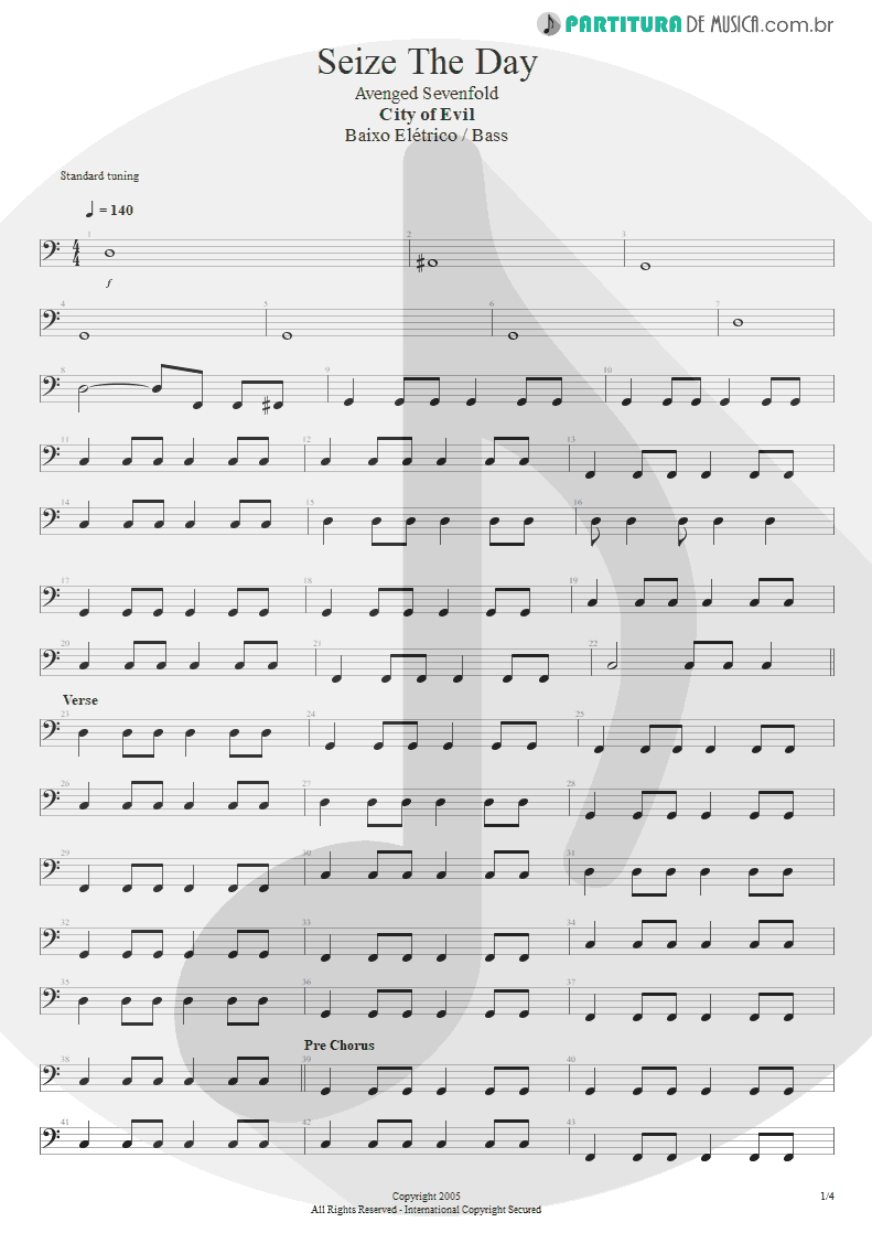 Partitura de musica de Baixo Elétrico - Seize The Day | Avenged Sevenfold | City of Evil 2005 - pag 1