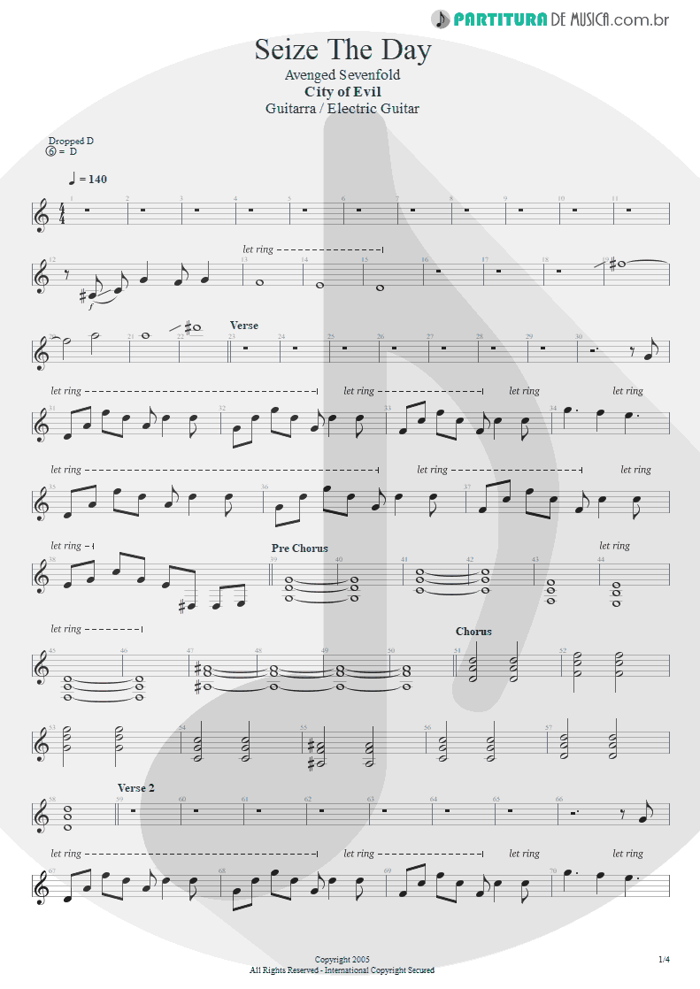 Partitura de musica de Guitarra Elétrica - Seize The Day | Avenged Sevenfold | City of Evil 2005 - pag 1