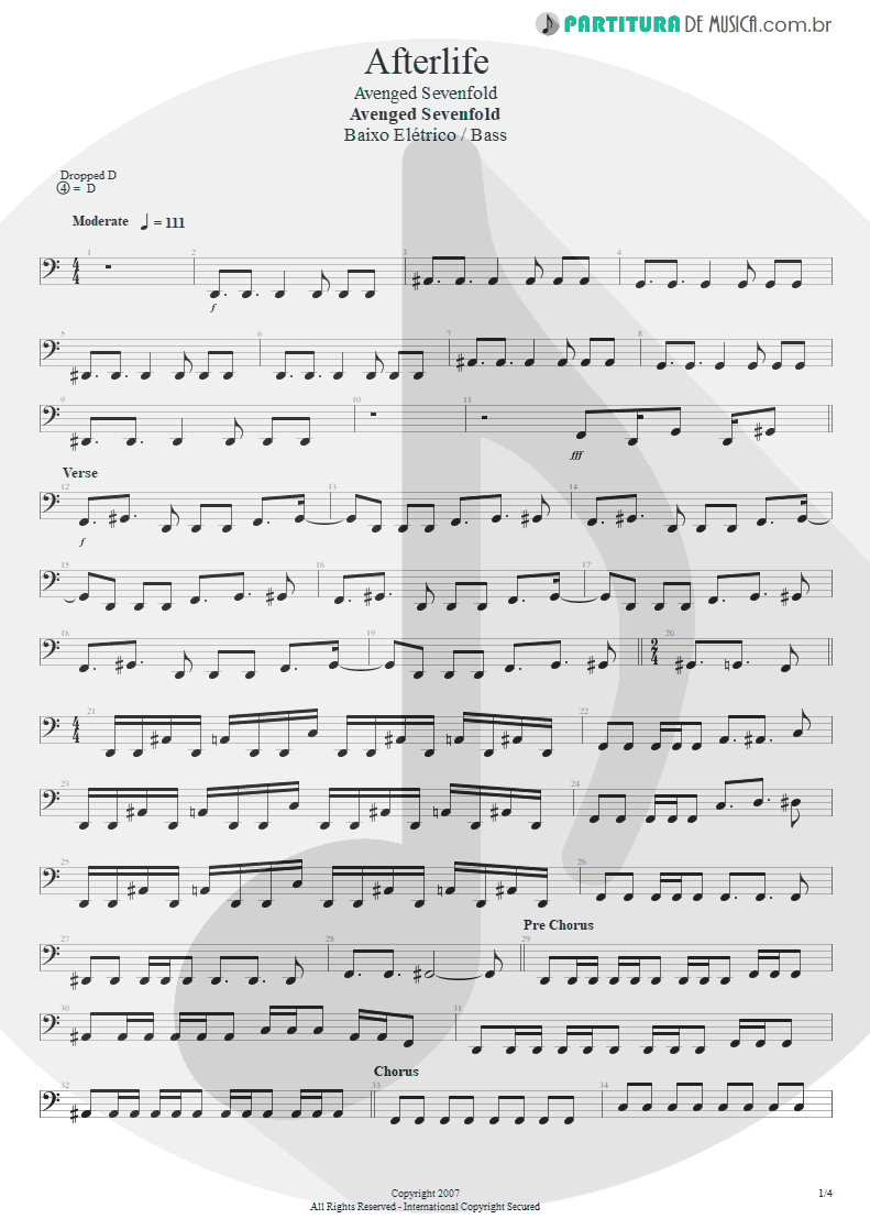 Partitura de musica de Baixo Elétrico - Afterlife | Avenged Sevenfold | Avenged Sevenfold 2007 - pag 1