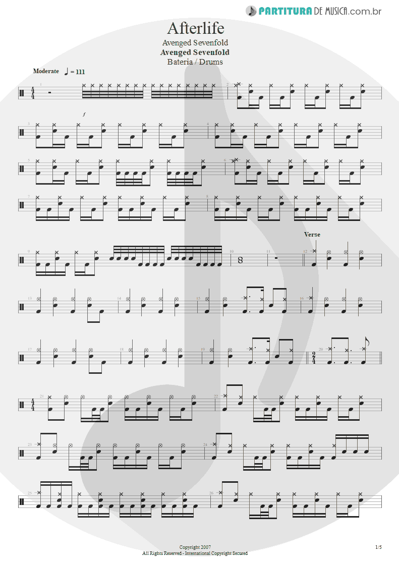 Partitura de musica de Bateria - Afterlife | Avenged Sevenfold | Avenged Sevenfold 2007 - pag 1