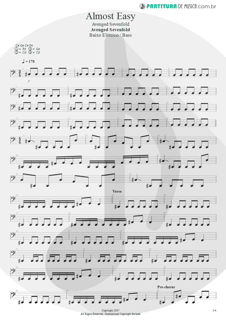 Partitura de musica de Baixo Elétrico - Almost Easy | Avenged Sevenfold | Avenged Sevenfold 2007 - pag 1