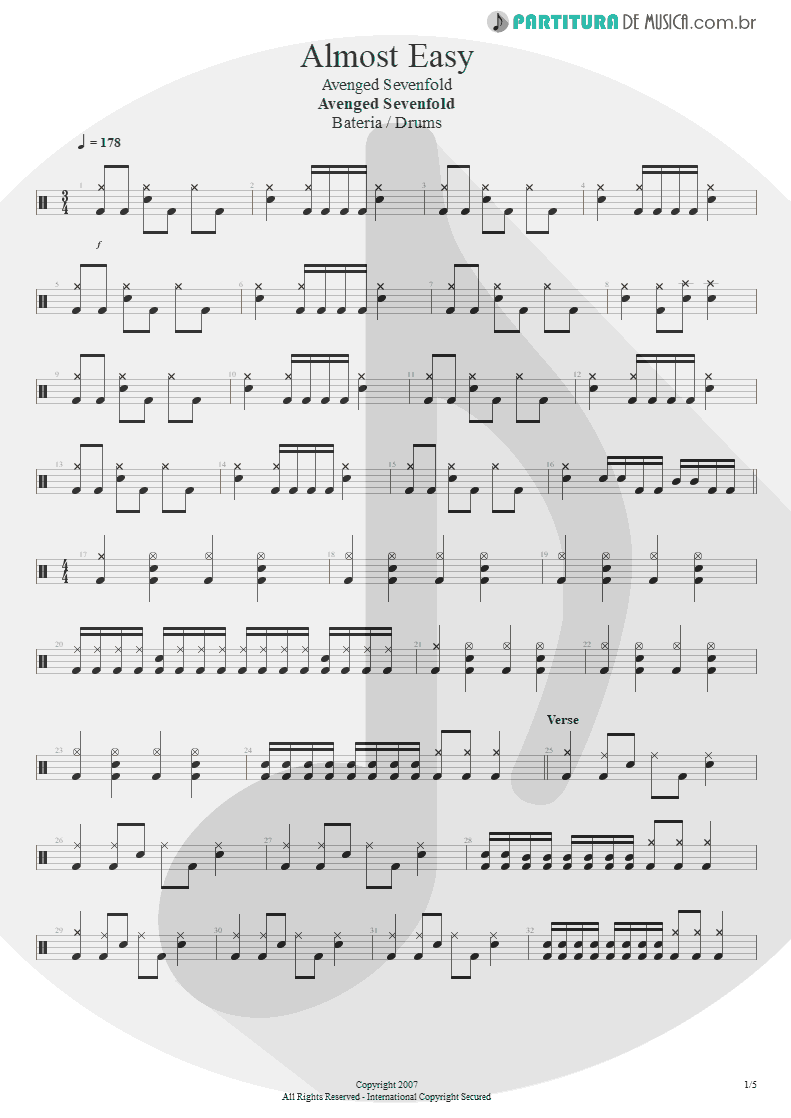 Partitura de musica de Bateria - Almost Easy | Avenged Sevenfold | Avenged Sevenfold 2007 - pag 1
