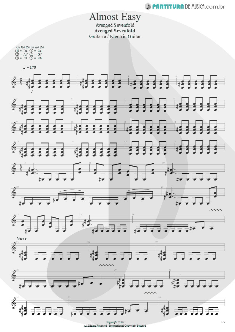 Partitura de musica de Guitarra Elétrica - Almost Easy | Avenged Sevenfold | Avenged Sevenfold 2007 - pag 1