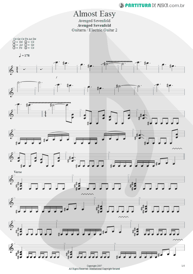 Partitura de musica de Guitarra Elétrica - Almost Easy | Avenged Sevenfold | Avenged Sevenfold 2007 - pag 1