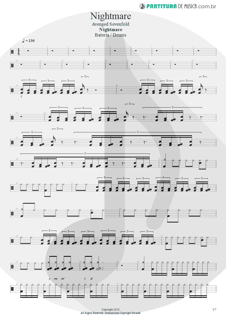 Partitura de musica de Bateria - Nightmare | Avenged Sevenfold | Nightmare 2010 - pag 1