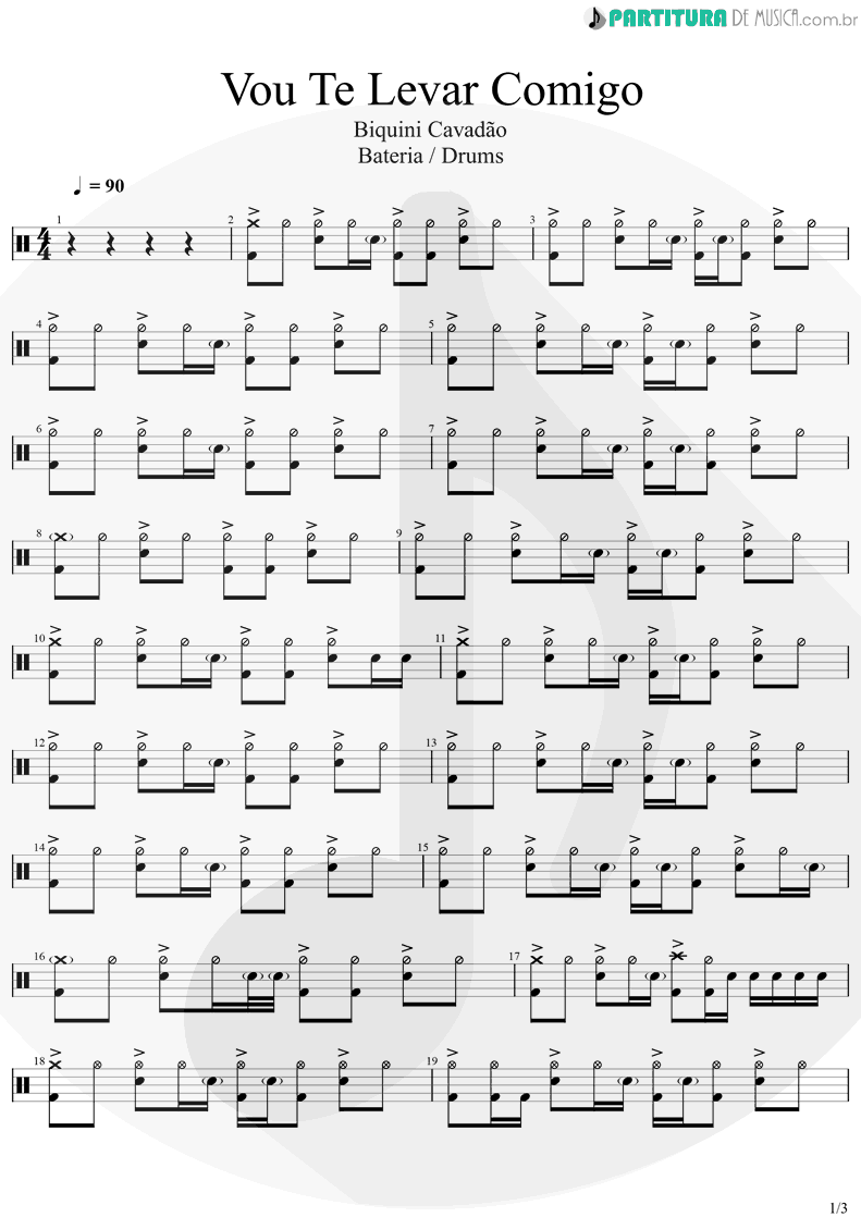 Partitura de musica de Bateria - Vou Te Levar Comigo | Biquini Cavadão | Ao Vivo 2005 - pag 1