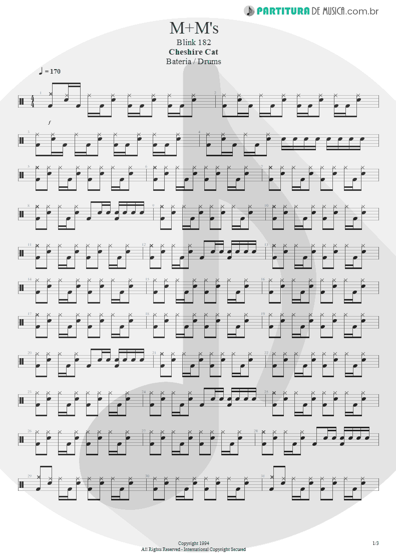 Partitura de musica de Bateria - M+M's | Blink-182 | Cheshire Cat 1994 - pag 1