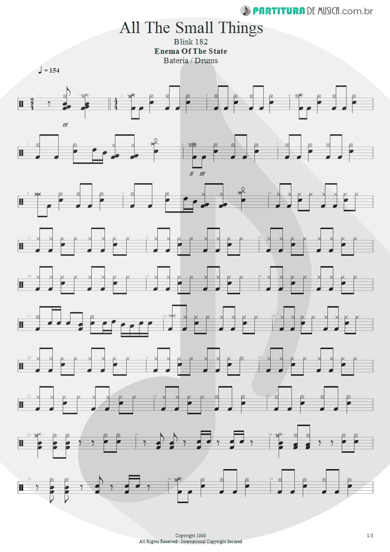 Partitura de musica de Bateria - All The Small Things | Blink-182 | Enema of the State 1999 - pag 1