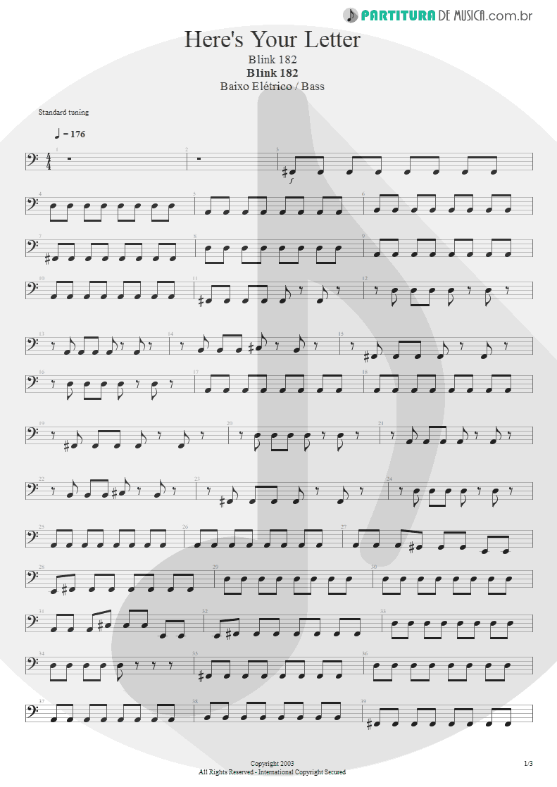 Partitura de musica de Baixo Elétrico - Here’s Your Letter | Blink-182 | Blink-182 2003 - pag 1