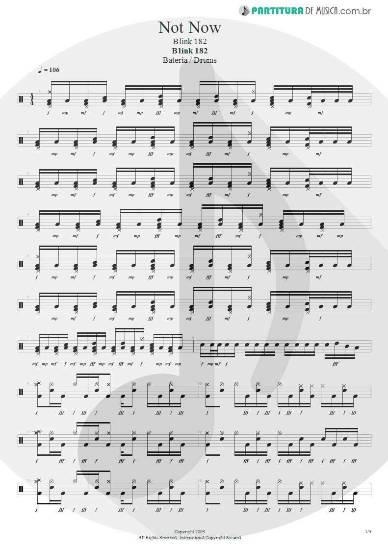 Partitura de musica de Bateria - Not Now | Blink-182 | Blink-182 2003 - pag 1