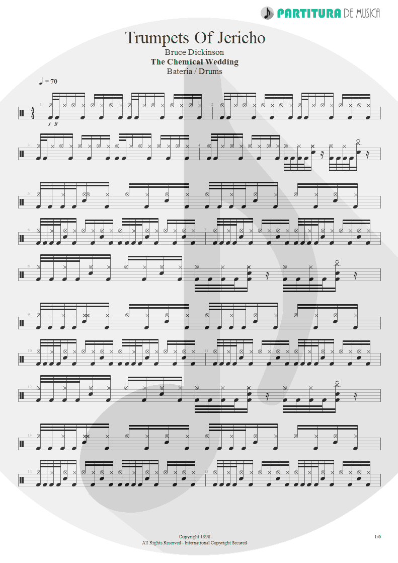 Partitura de musica de Bateria - Trumpets Of Jericho | Bruce Dickinson | The Chemical Wedding 1998 - pag 1