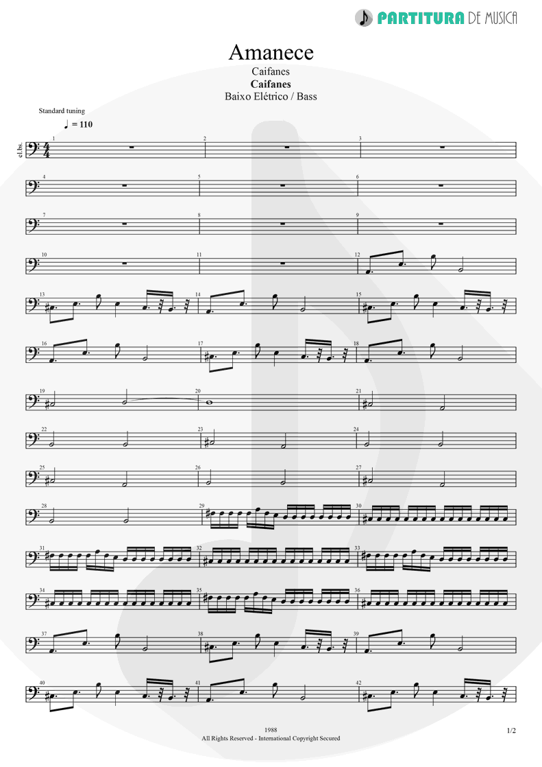 Partitura de musica de Baixo Elétrico - Amanece | Caifanes | Caifanes 1988 - pag 1