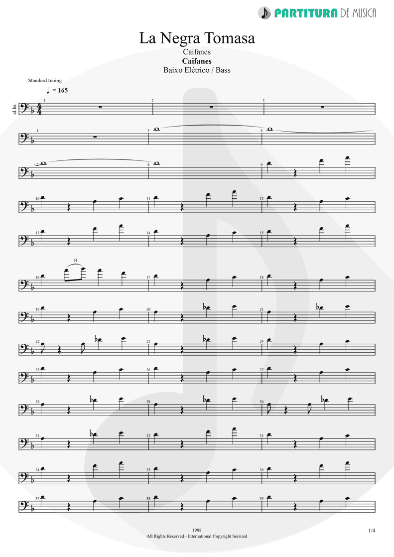 Partitura de musica de Baixo Elétrico - La Negra Tomasa | Caifanes | Caifanes 1988 - pag 1