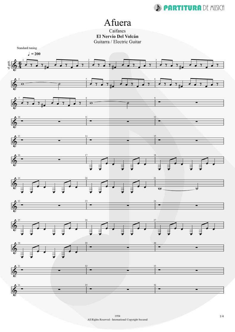 Partitura de musica de Guitarra Elétrica - Afuera | Caifanes | El nervio del volcán 1994 - pag 1