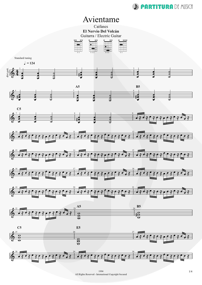 Partitura de musica de Guitarra Elétrica - Avientame | Caifanes | El nervio del volcán 1994 - pag 1