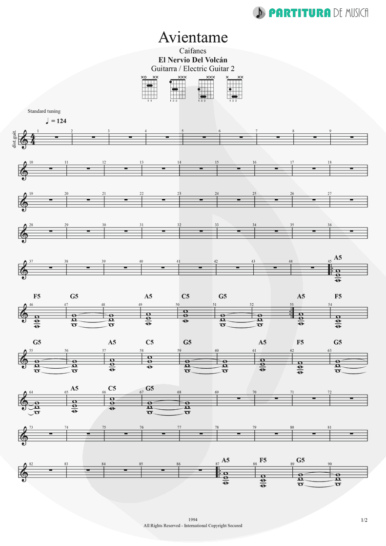 Partitura de musica de Guitarra Elétrica - Avientame | Caifanes | El nervio del volcán 1994 - pag 1