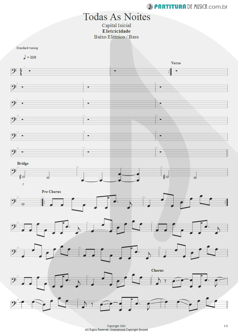 Partitura de musica de Baixo Elétrico - Todas As Noites | Capital Inicial | Eletricidade 1991 - pag 1