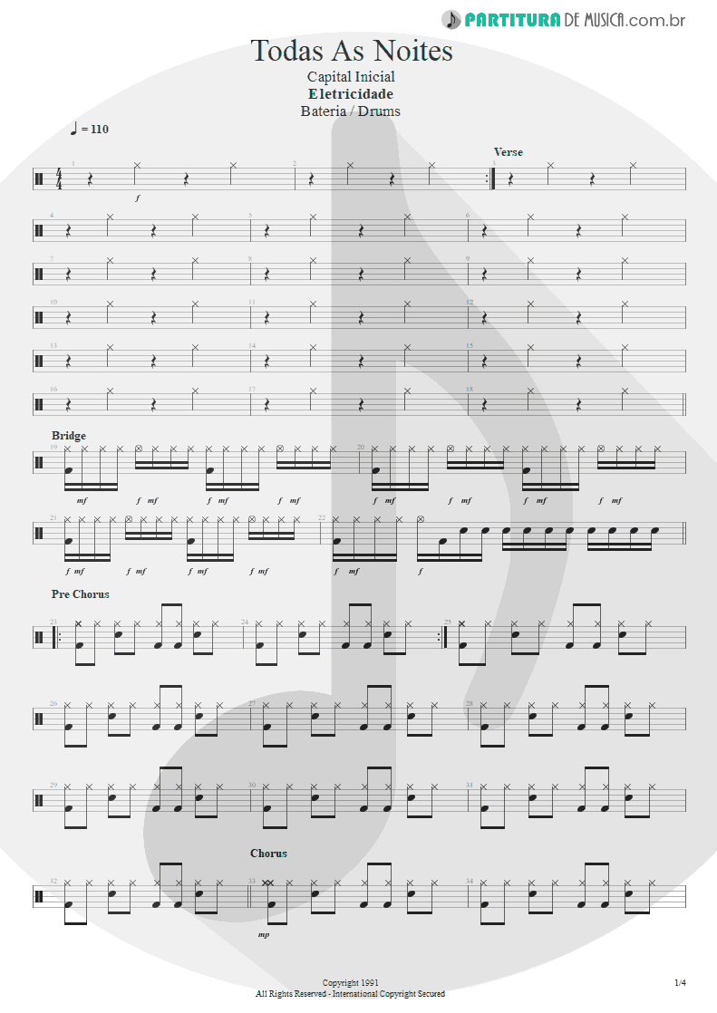 Partitura de musica de Bateria - Todas As Noites | Capital Inicial | Eletricidade 1991 - pag 1