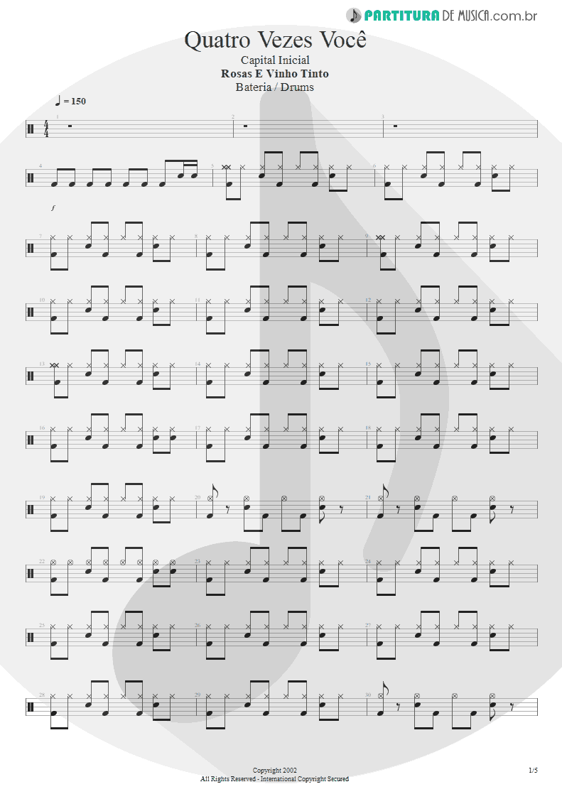 Partitura de musica de Bateria - Quatro Vezes Você | Capital Inicial | Rosas e Vinho Tinto 2002 - pag 1