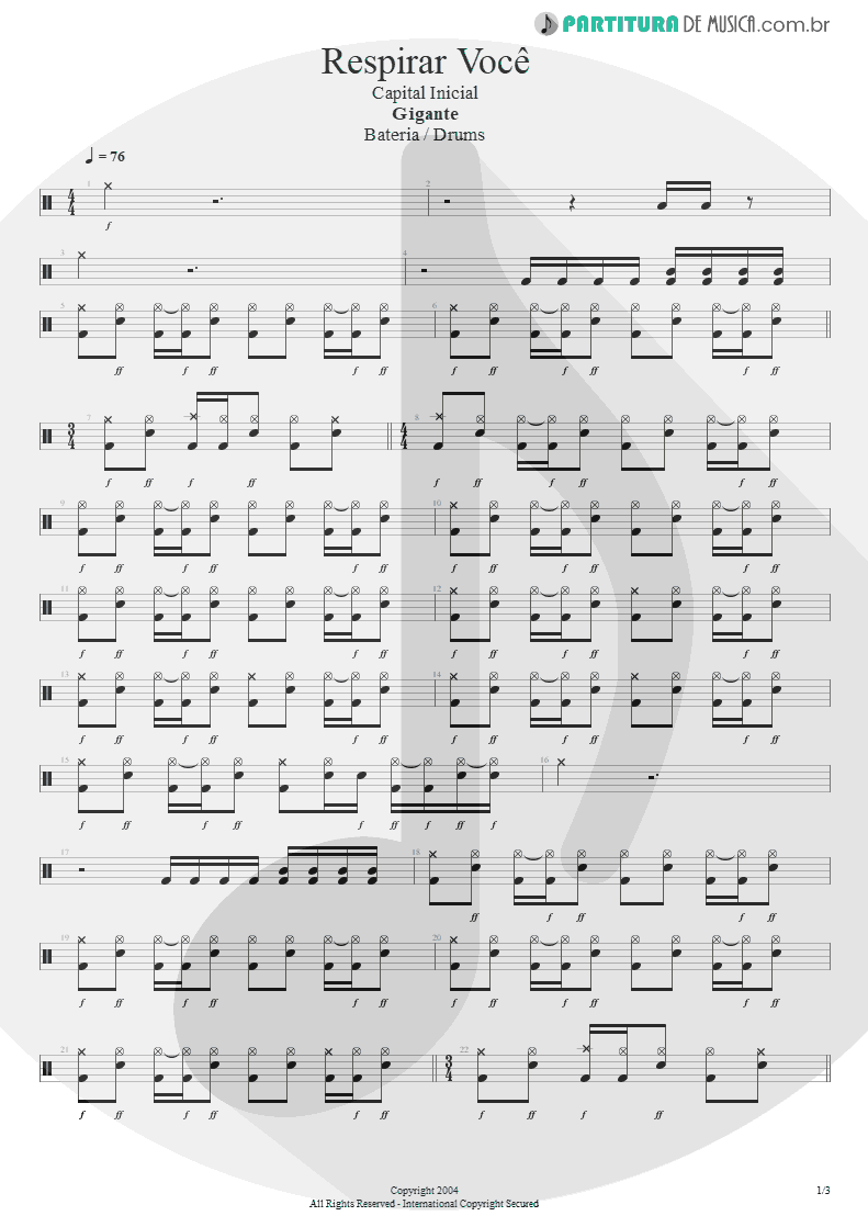 Partitura de musica de Bateria - Respirar Você | Capital Inicial | Gigante! 2004 - pag 1