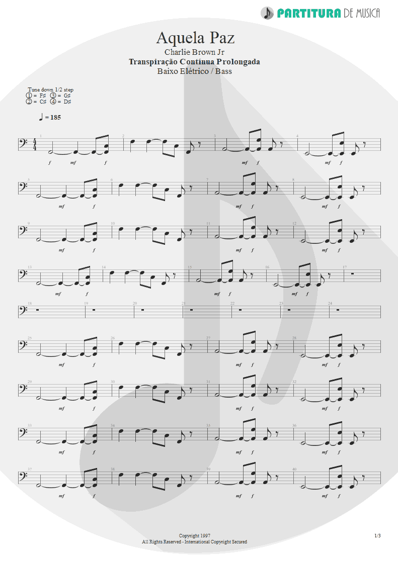 Partitura de musica de Baixo Elétrico - Aquela Paz | Charlie Brown Jr. | Transpiração Contínua Prolongada 1997 - pag 1