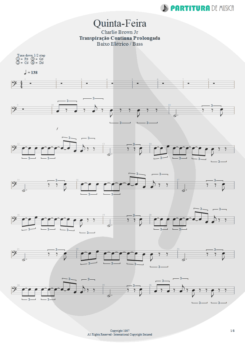 Partitura de musica de Baixo Elétrico - Quinta-Feira | Charlie Brown Jr. | Transpiração Contínua Prolongada 1997 - pag 1