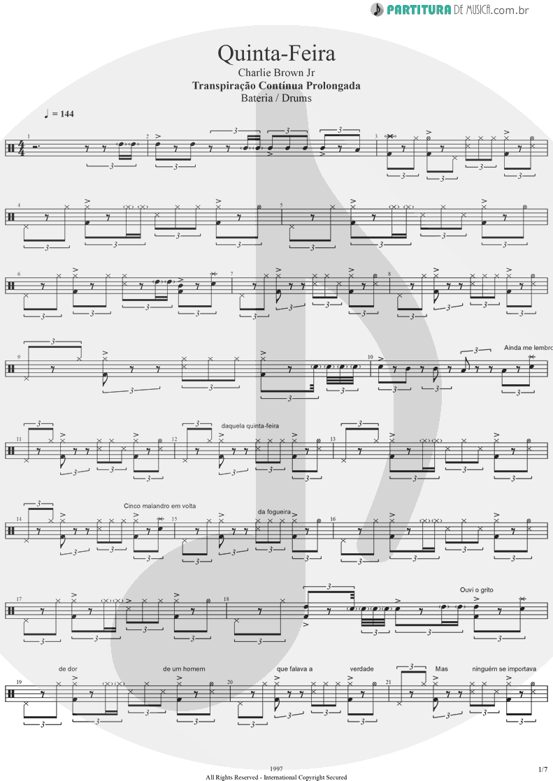 Partitura de musica de Bateria - Quinta-Feira | Charlie Brown Jr. | Transpiração Contínua Prolongada 1997 - pag 1