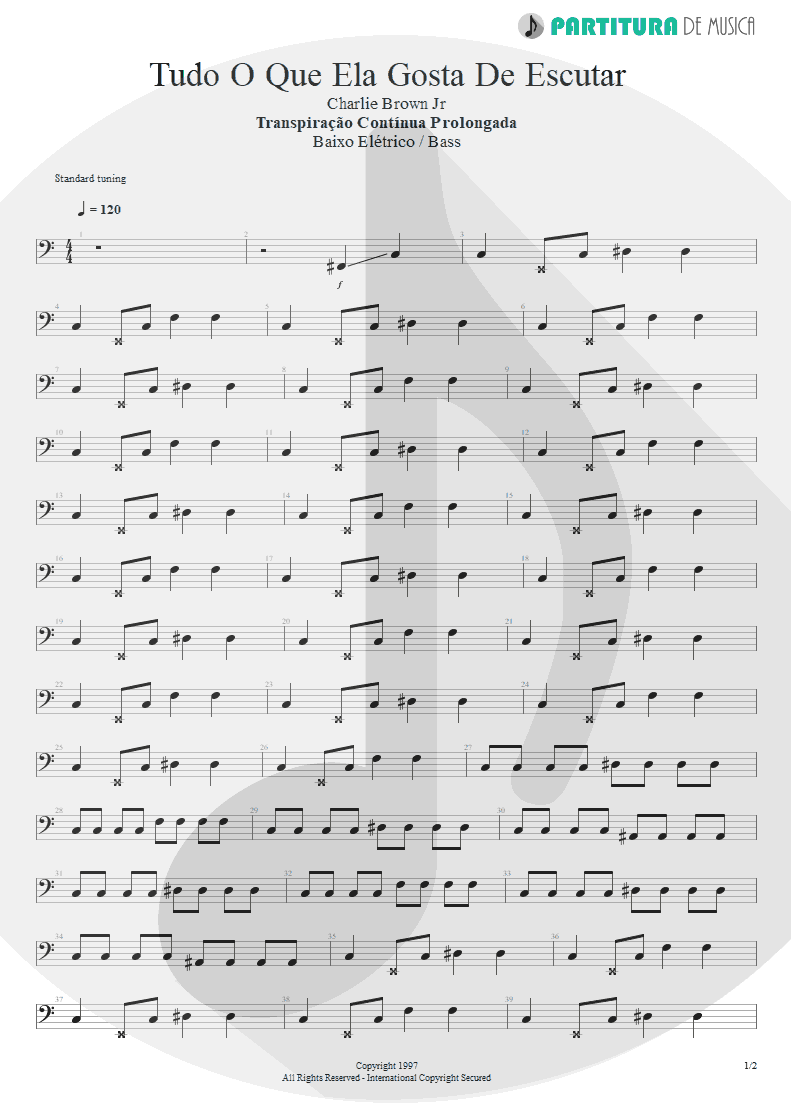 Partitura de musica de Baixo Elétrico - Tudo O Que Ela Gosta De Escutar | Charlie Brown Jr. | Transpiração Contínua Prolongada 1997 - pag 1