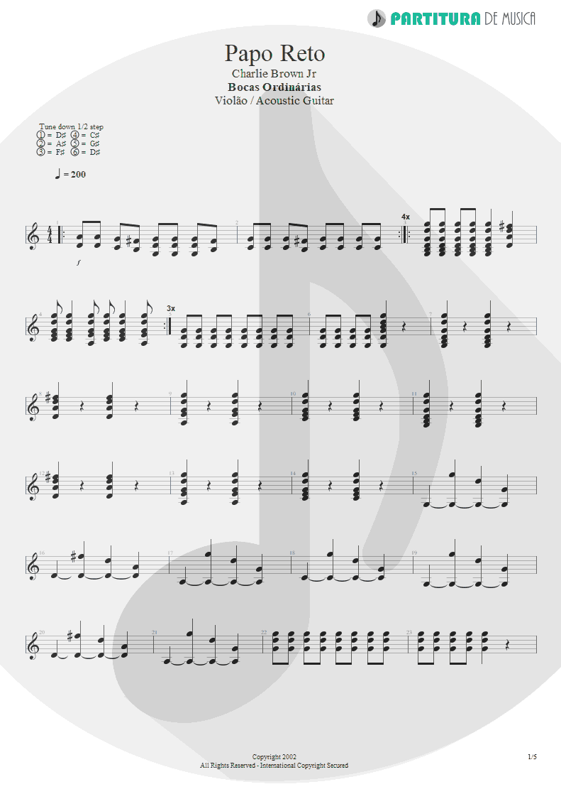 Partitura de musica de Violão - Papo Reto | Charlie Brown Jr. | Bocas Ordinárias 2002 - pag 1