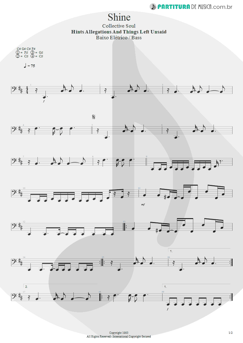 Partitura de musica de Baixo Elétrico - Shine | Collective Soul | Hints Allegations and Things Left Unsaid
 1993 - pag 1