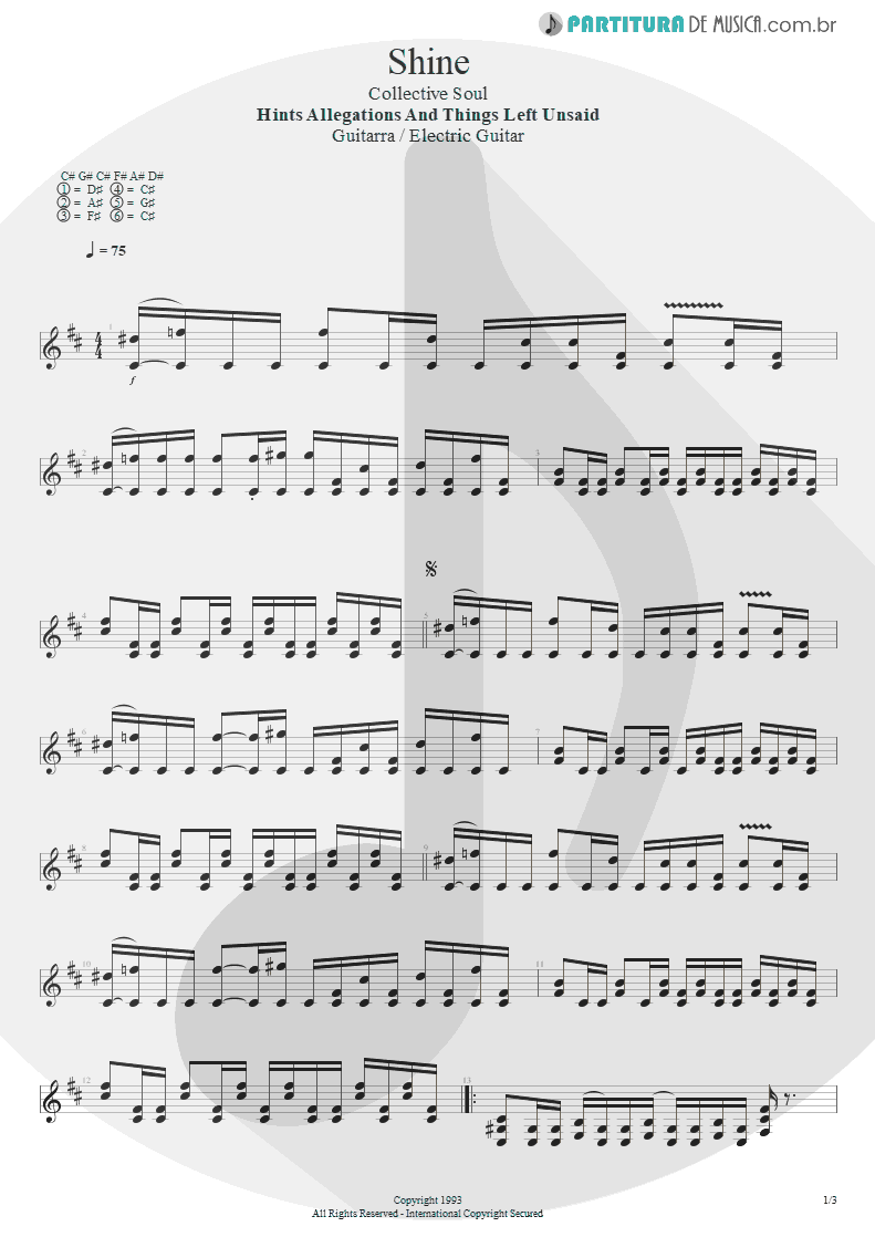 Partitura de musica de Guitarra Elétrica - Shine | Collective Soul | Hints Allegations and Things Left Unsaid
 1993 - pag 1
