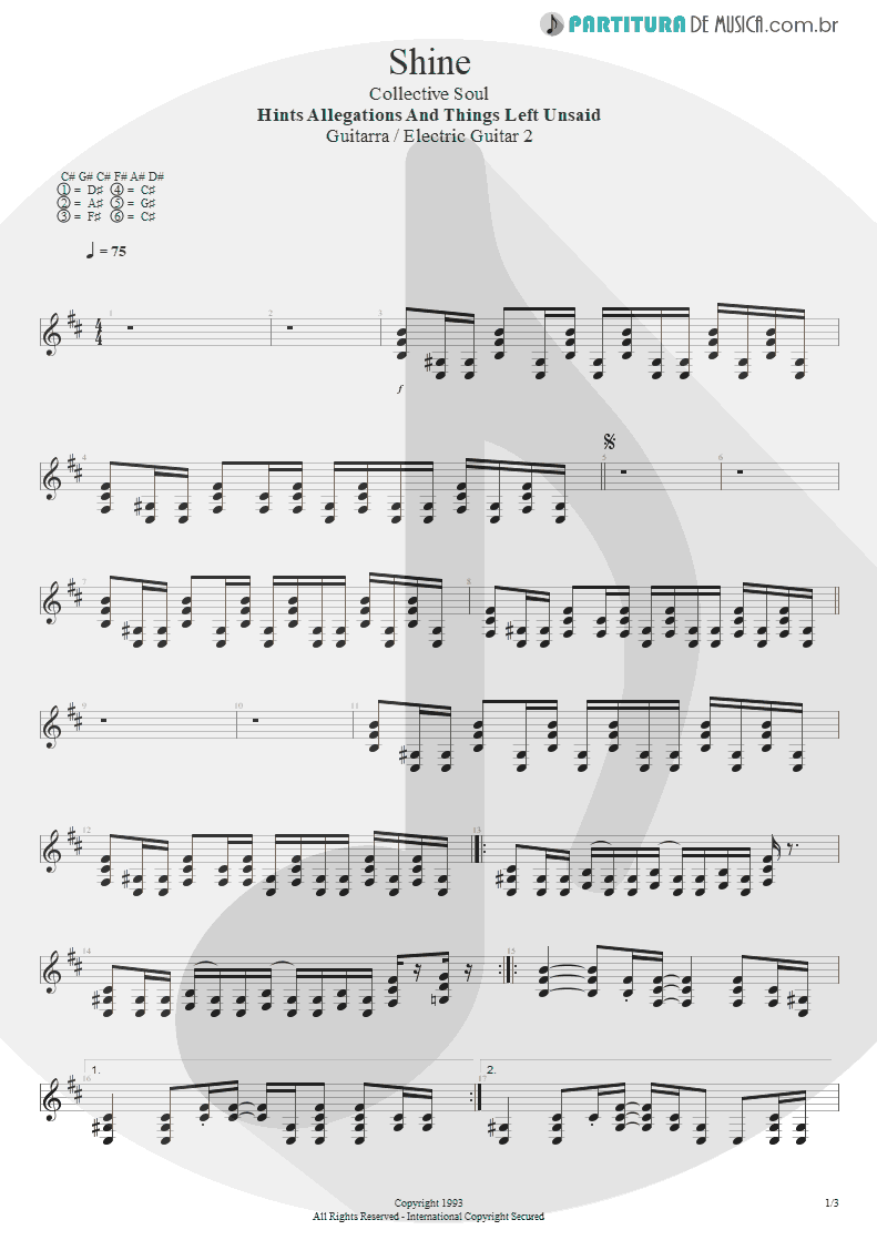 Partitura de musica de Guitarra Elétrica - Shine | Collective Soul | Hints Allegations and Things Left Unsaid
 1993 - pag 1