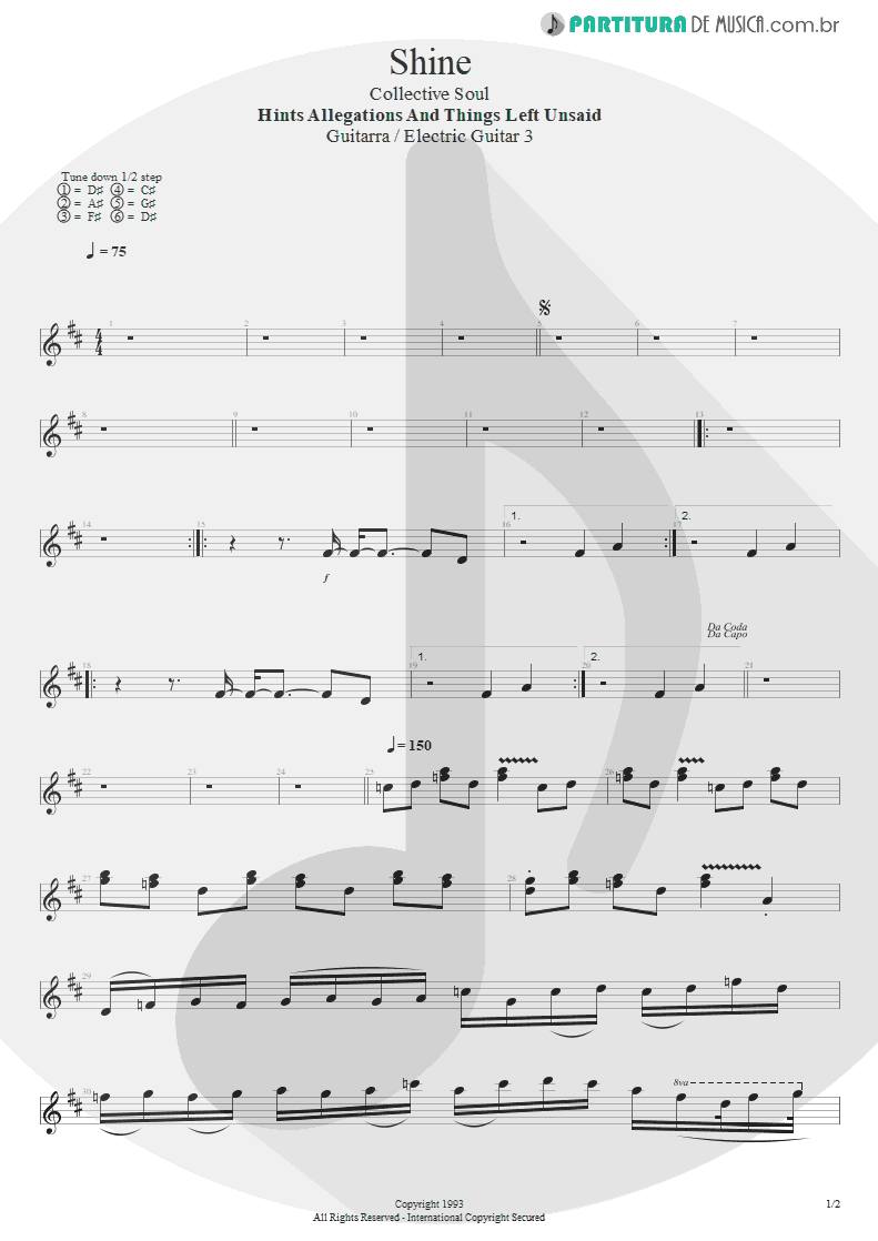 Partitura de musica de Guitarra Elétrica - Shine | Collective Soul | Hints Allegations and Things Left Unsaid
 1993 - pag 1