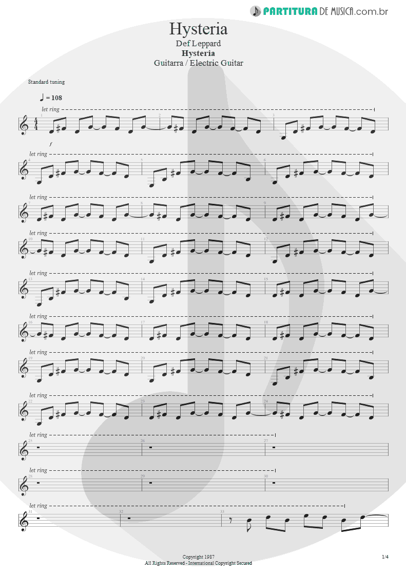 Partitura de musica de Guitarra Elétrica - Hysteria | Def Leppard | Hysteria 1987 - pag 1