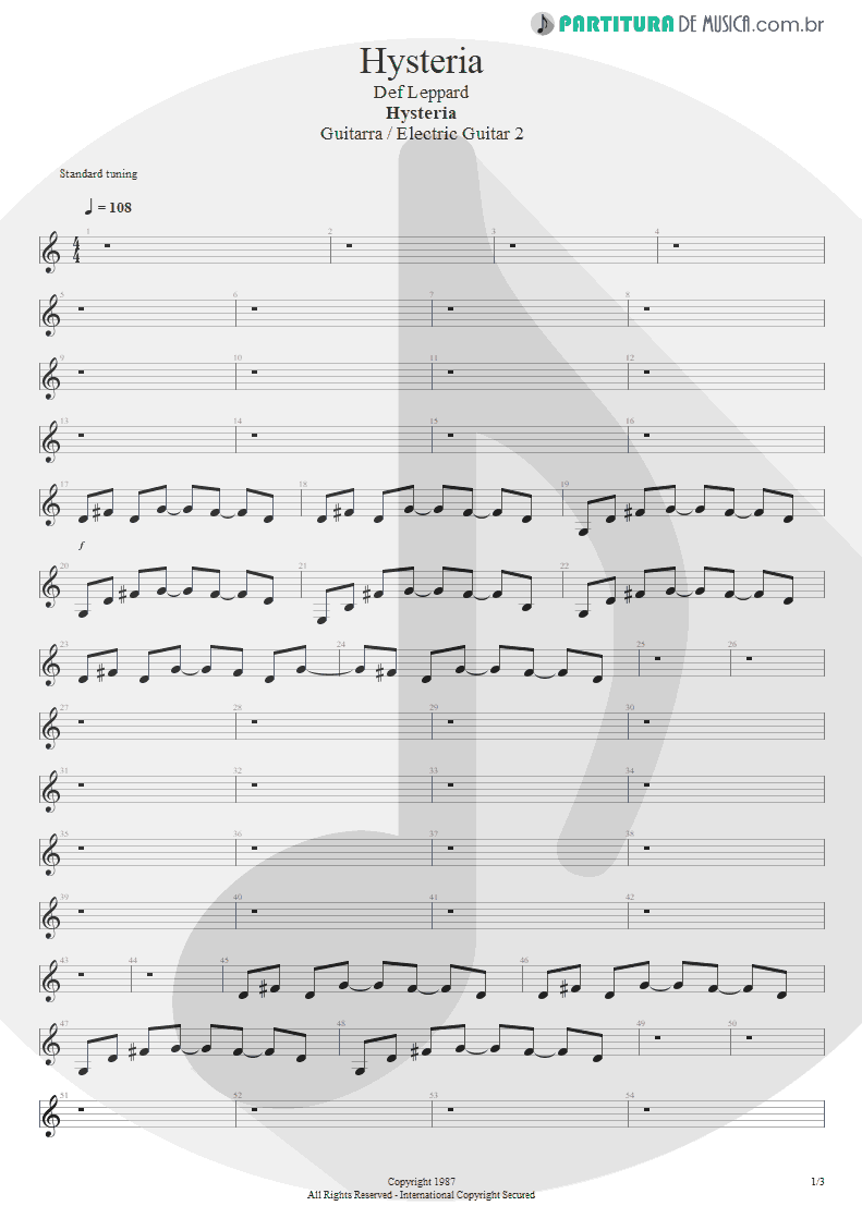 Partitura de musica de Guitarra Elétrica - Hysteria | Def Leppard | Hysteria 1987 - pag 1